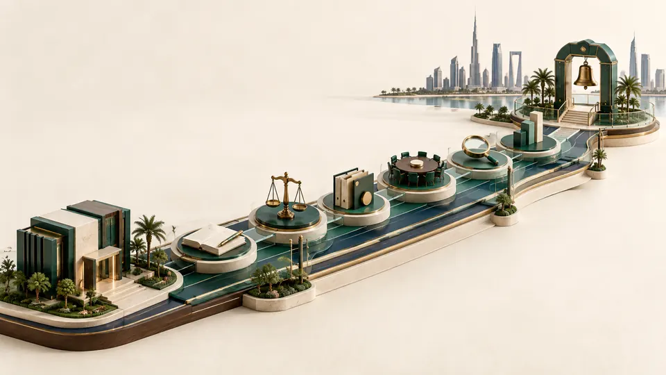 Illustration: a governance runway of milestones leading towards a market listing.