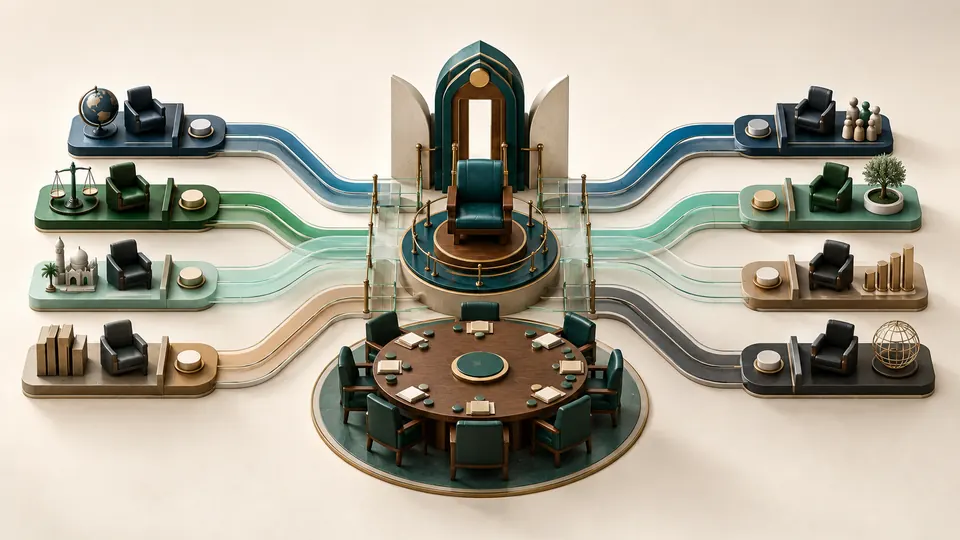 Illustration: a chair conducting varied board voices into balanced deliberation.