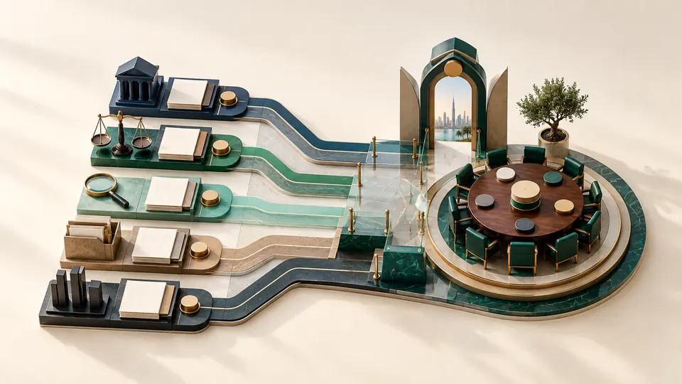 Illustration: a modular agenda arranged as an architectural sequence towards the board table.