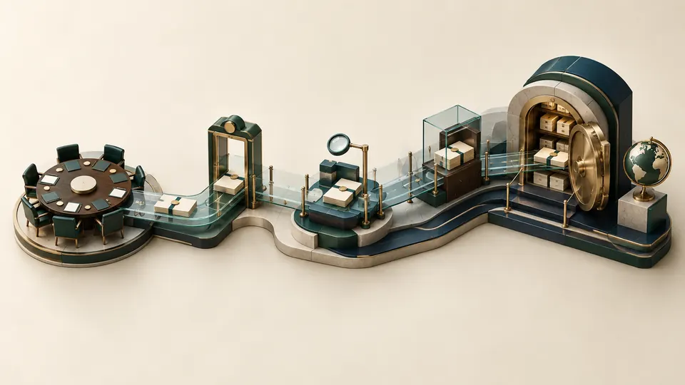 Illustration: a sealed decision record passing through a secure chain of custody.