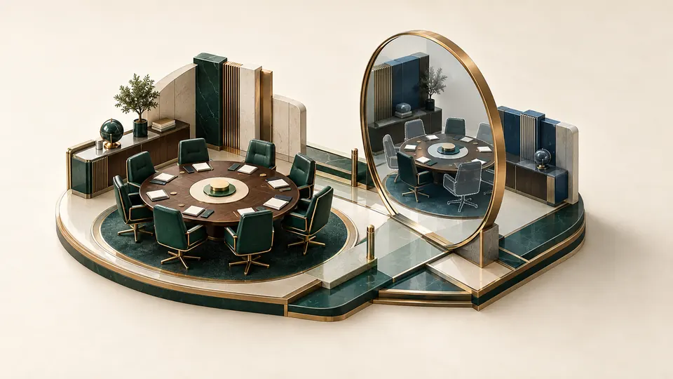 Illustration: a boardroom reflected in a mirror, showing a board examined in its own setting.