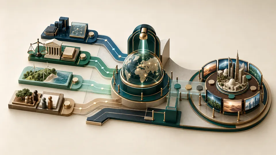 Illustration: a horizon scanner reading signals across regulation, markets and technology.