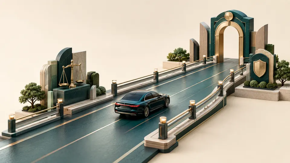 Illustration: an executive route moving quickly within governance guardrails.
