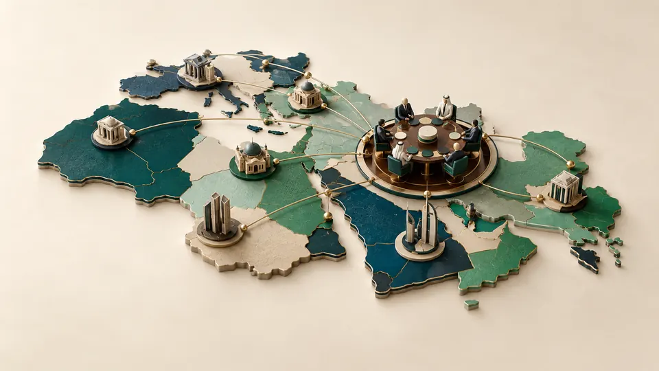 Illustration: a regional map with board tables linked across jurisdictions.