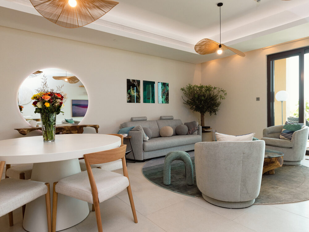 The living room at L'Escapade, St. Regis Residences, Saadiyat Island
