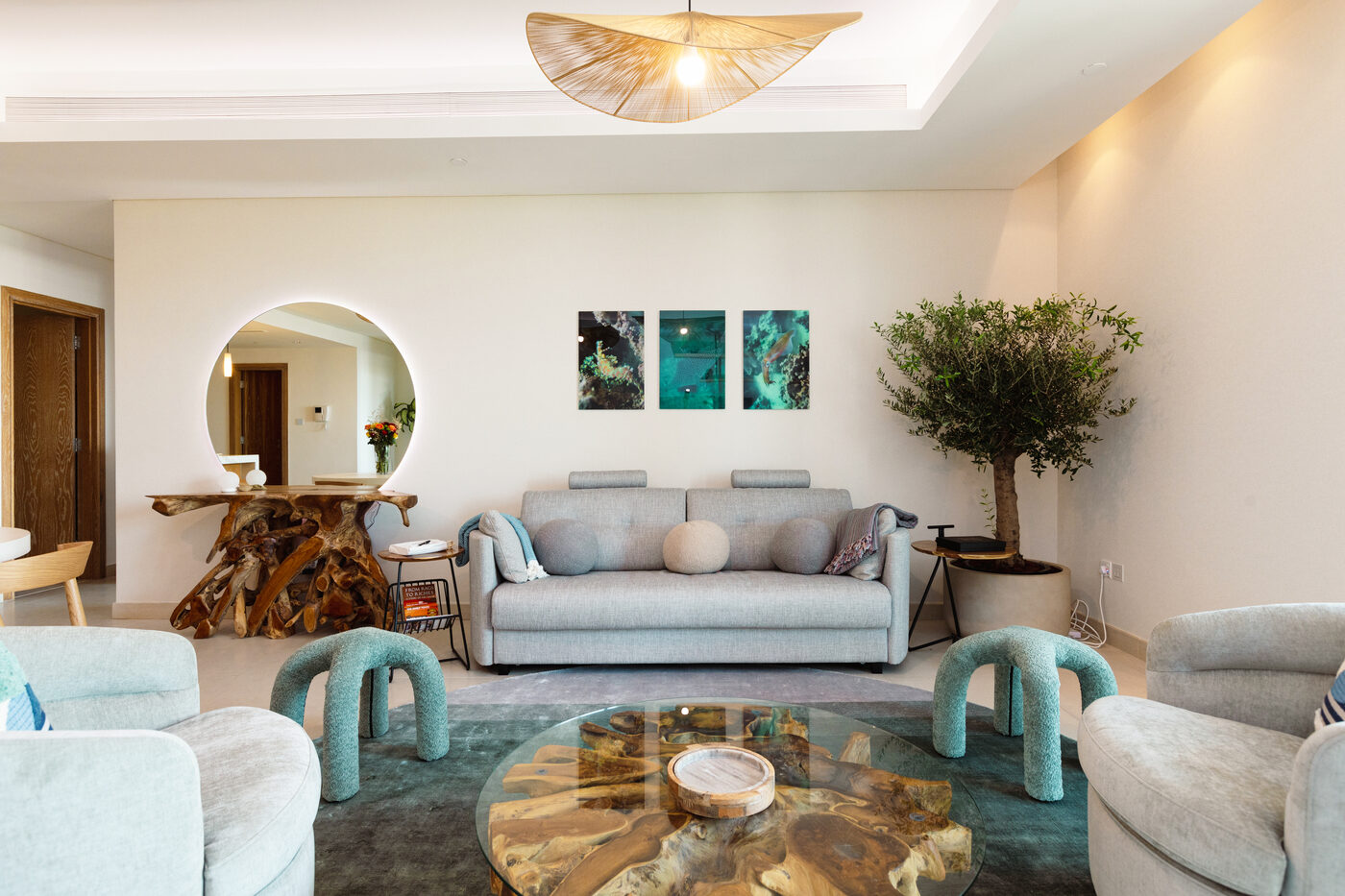 The living area at L'Escapade, with the terrace beyond