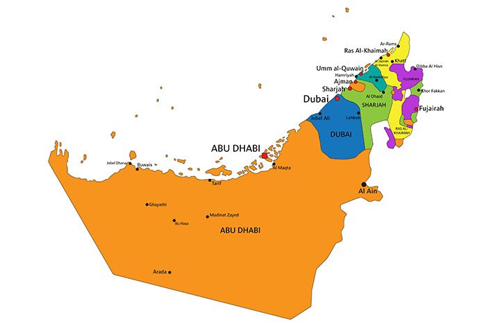 Map of the United Arab Emirates showing Abu Dhabi, Saadiyat Island, Yas Island, Dubai and Fujairah